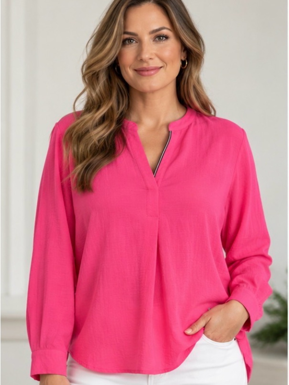 Tommy Hilfiger Hot Pink Split Neck Long Sleeve Blouse Size L